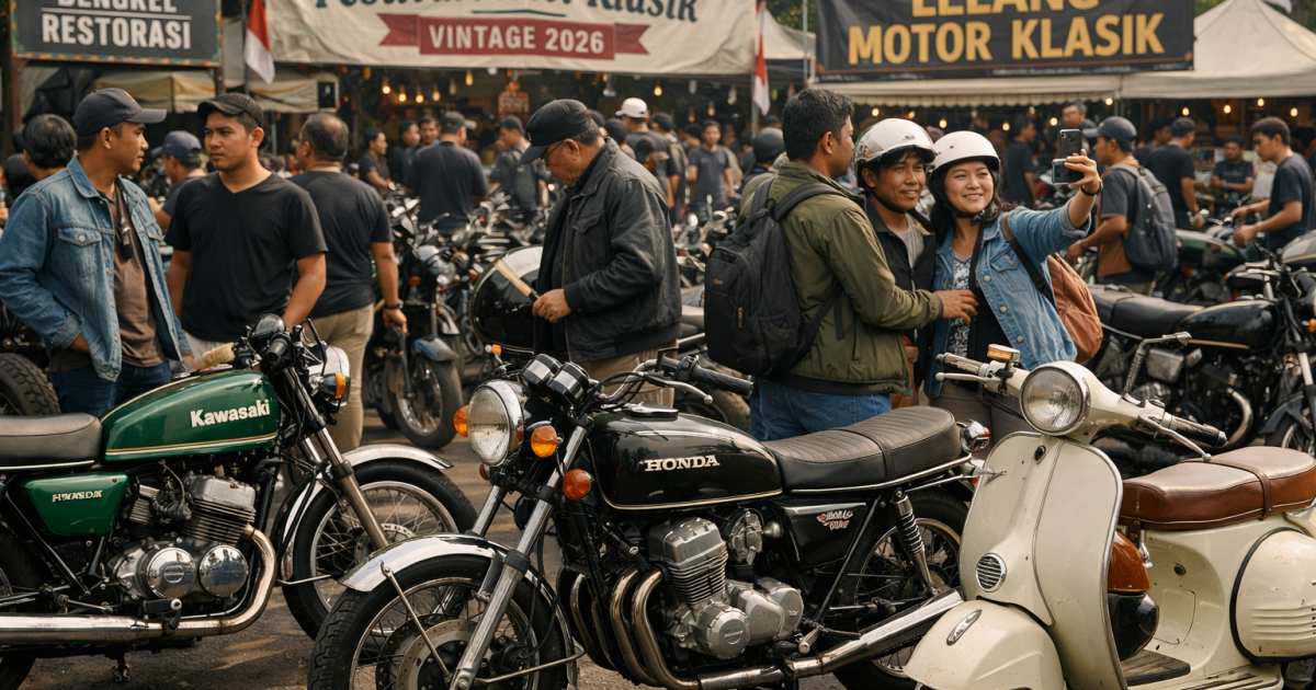 Ilustrasi suasana Festival Motor Klasik yang dipadati para bikers klasik dan pengunjung.