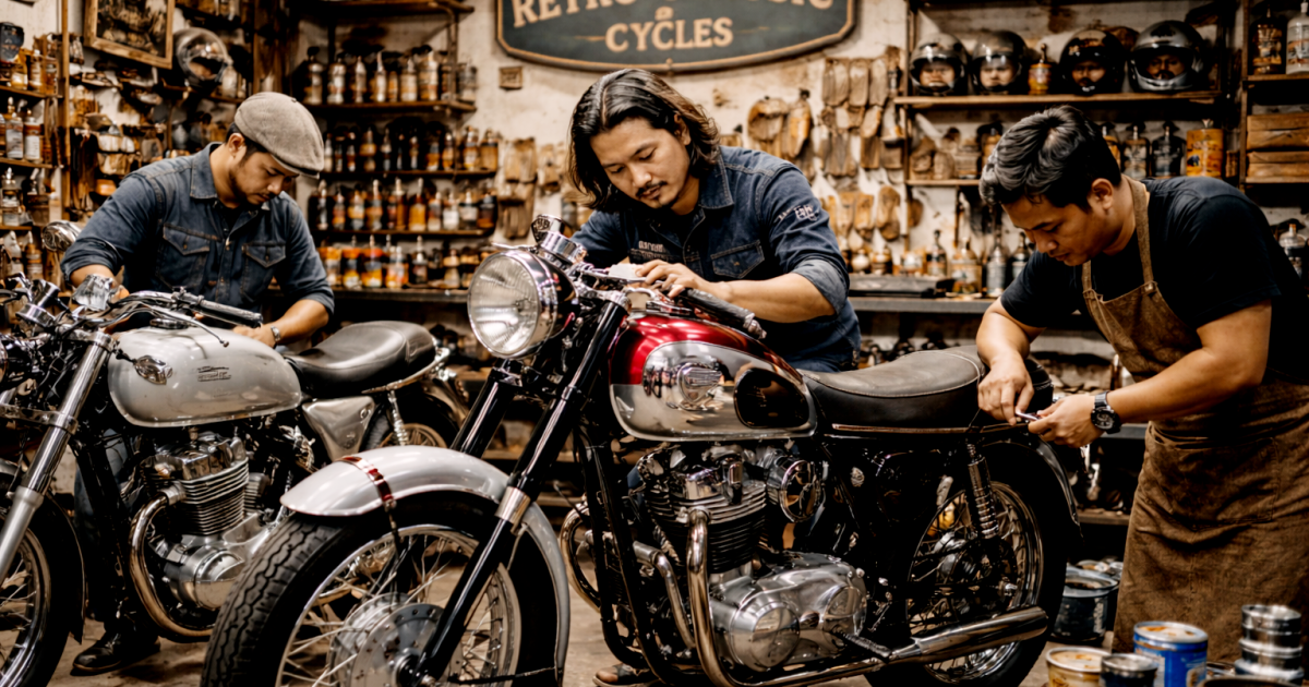 Ilustrasi : Tiga teknisi melakukan proses restorasi motor klasik di workshop dengan pendekatan detail tinggi, mulai dari polishing tangki hingga penyetelan komponen mesin.