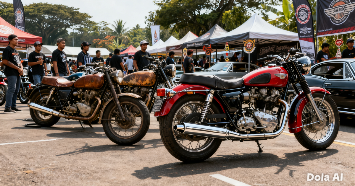 Barisan motor klasik yang terawat rapi sedang terparkir dalam sebuah acara pertemuan komunitas otomotif di Indonesia.