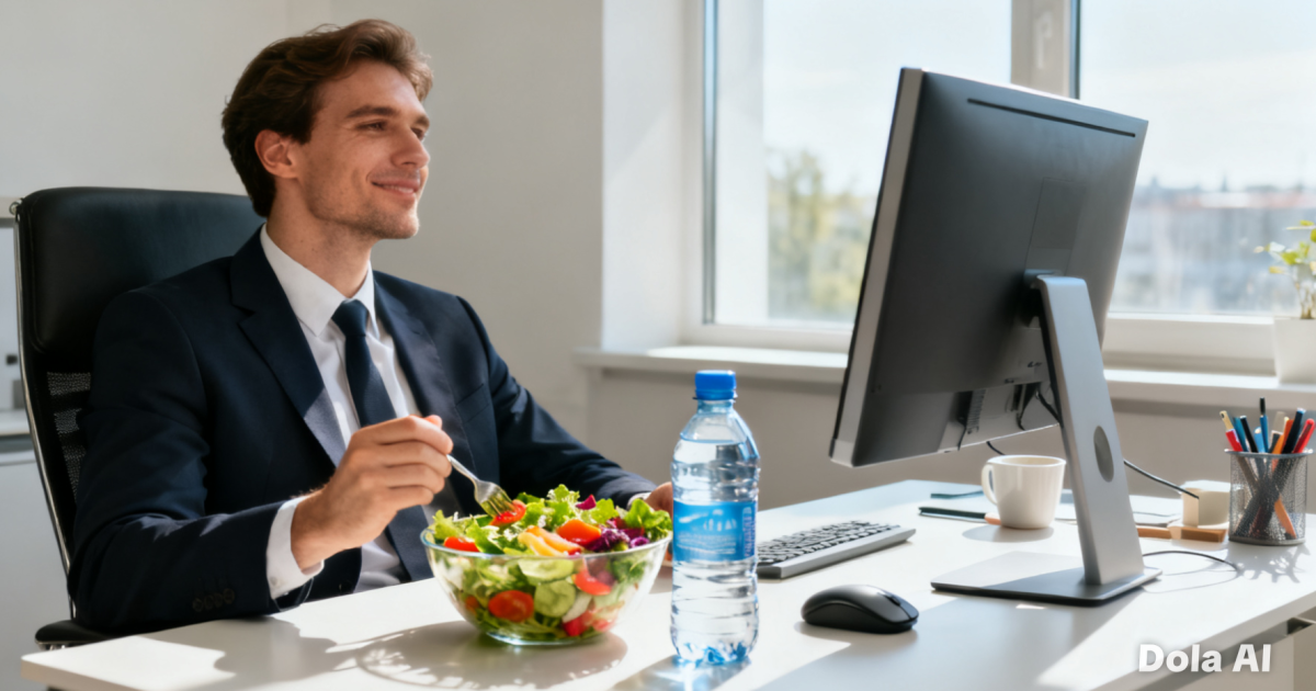 Seorang pekerja profesional sedang menikmati salad segar dan air mineral di meja kerja yang tertata rapi.