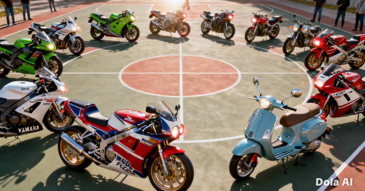 Deretan motor klasik hasil restorasi yang terparkir membentuk formasi lingkaran di lapangan basket.