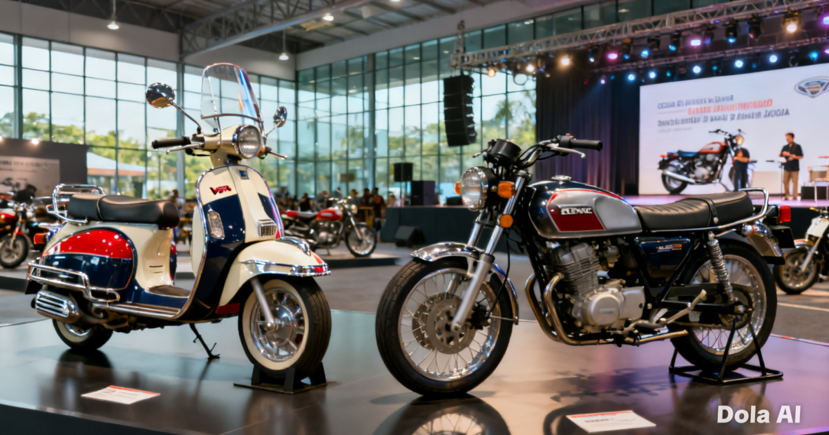 Dua jenis motor legenda klasik hasil restorasi yang trending di Indonesia, Vespa dan Honda CB terparkir rapi terpajang megah di sebuah pameran otomotif.
