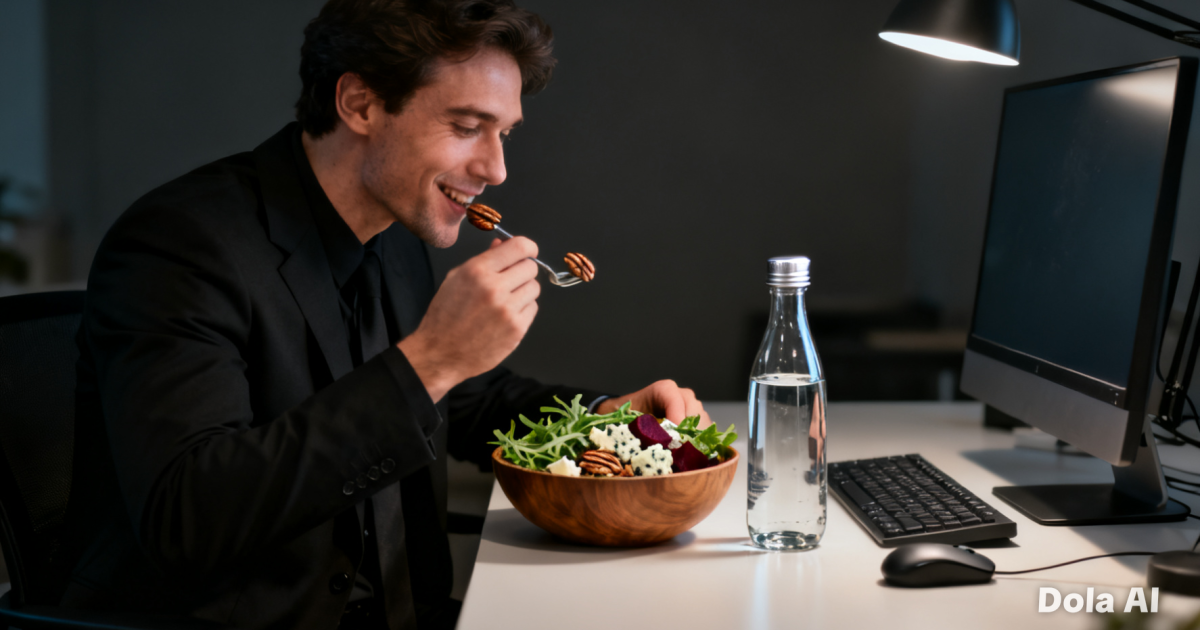 Ilustrasi seorang pekerja profesional sedang menikmati salad segar dan air mineral di meja kerjanya saat jam istirahat.