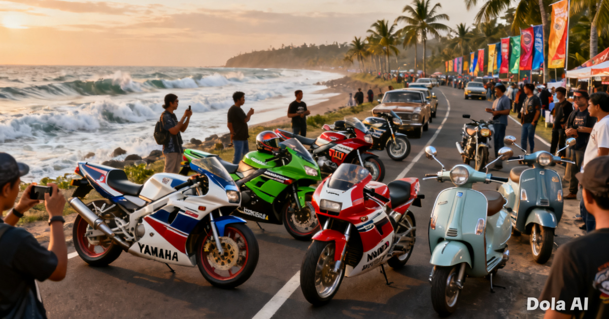 Deretan motor klasik hasil restorasi yang dipajang dalam sebuah pameran otomotif nasional yang meriah di tepi pantai.