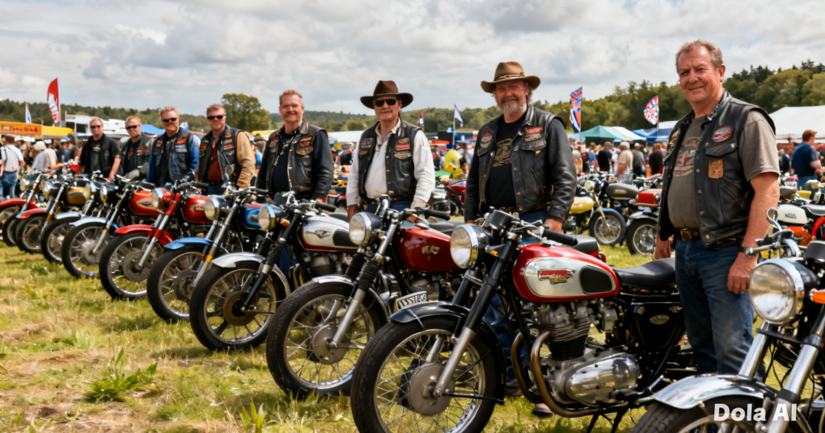Barisan biker di samping motor klasik berbagai merk yang terparkir rapi dalam sebuah festival otomotif nasional yang meriah.
