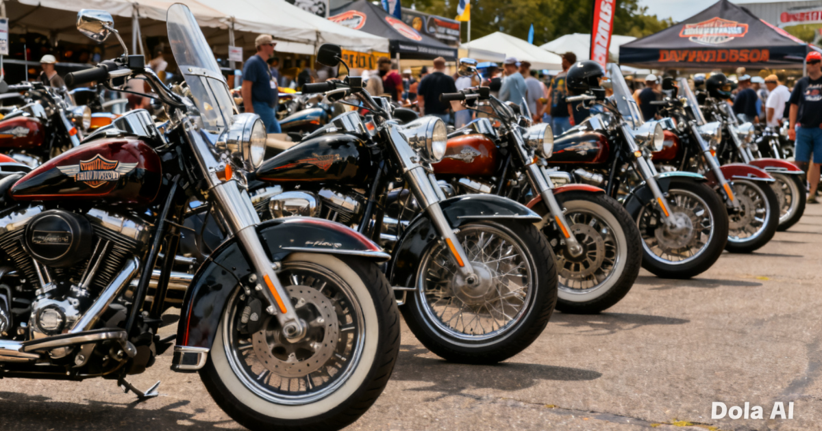 Barisan motor klasik harley davidson yang terparkir rapi dalam sebuah pameran otomotif nasional yang meriah.