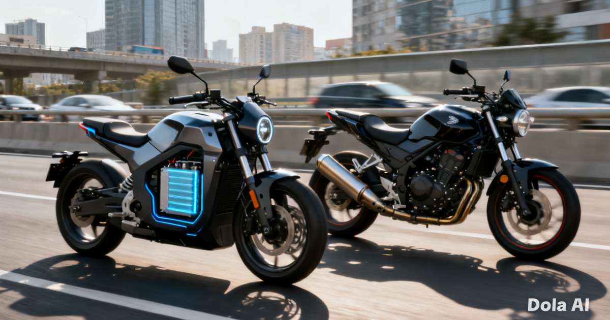 Ilustrasi perbandingan motor listrik dan motor bensin yang sedang berdampingan di jalan raya perkotaan.