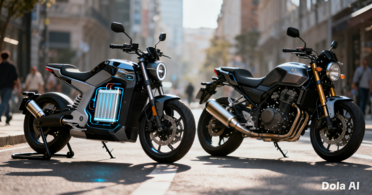 Dua unit sepeda motor berbeda jenis sedang diparkir bersisian untuk menunjukkan perbandingan antara teknologi listrik dan bensin.