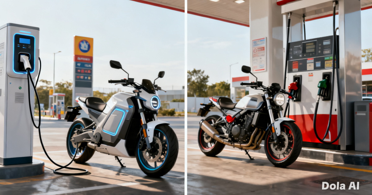 Perbandingan visual antara pengisian daya baterai motor listrik dan pengisian bahan bakar di SPBU.