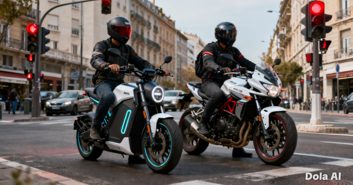 Dua pengendara motor, satu menggunakan motor listrik dan satu motor bensin, sedang berhenti berdampingan di persimpangan jalan perkotaan.