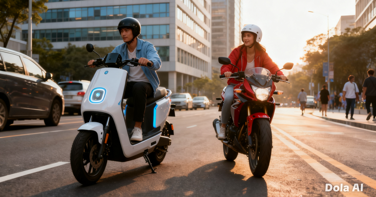 Ilustrasi perbandingan sepeda motor listrik dan motor bensin yang sedang berdampingan di jalan raya perkotaan.