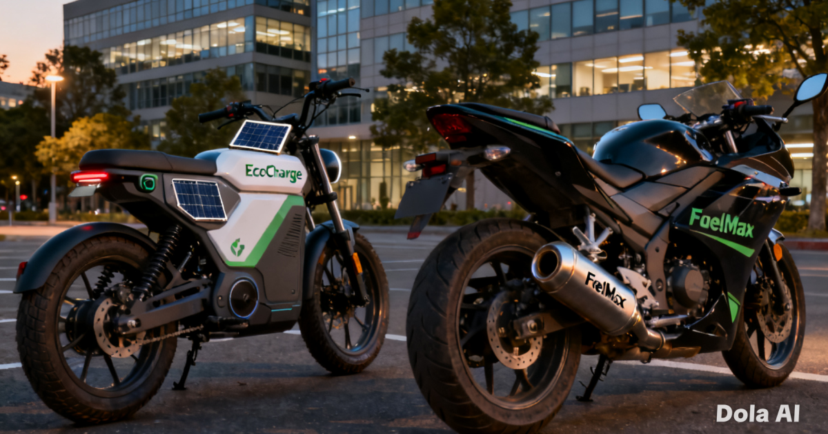 Dua unit sepeda motor dengan teknologi penggerak berbeda yang diparkir berdampingan untuk menunjukkan perbandingan efisiensi.