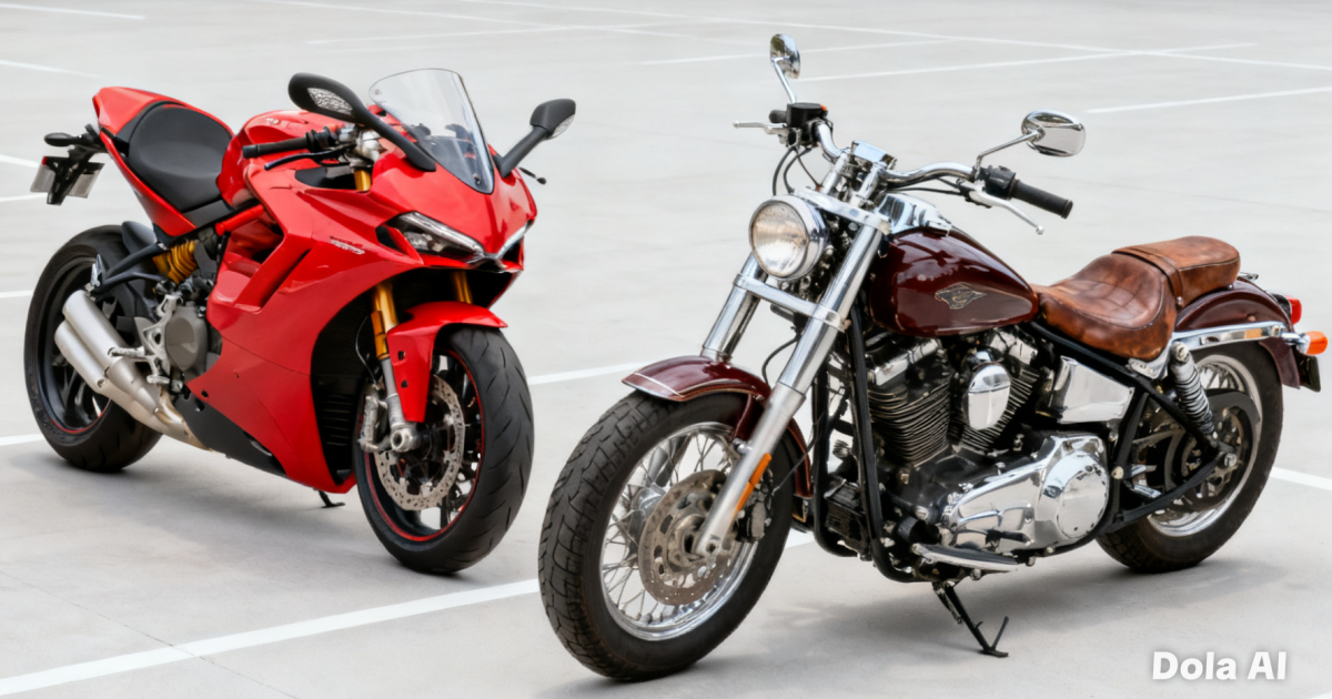 Dua buah sepeda motor berbeda jenis yang sedang terparkir berdampingan untuk menggambarkan perbandingan gaya hidup berkendara.