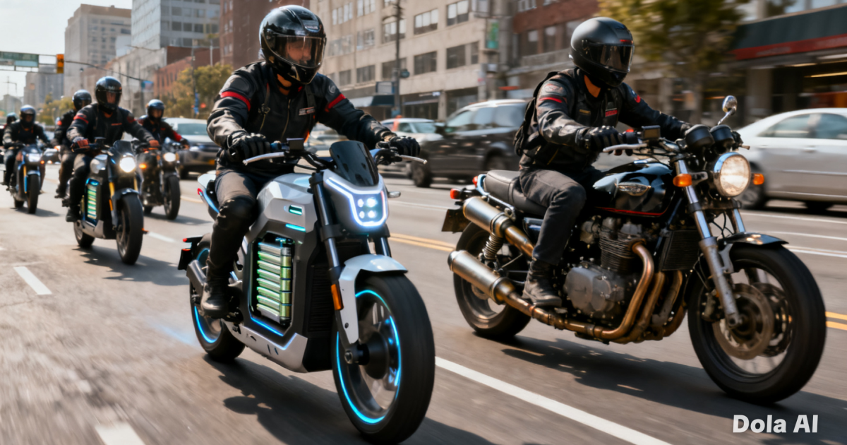 Perbandingan dua klub motor antara pengendara motor listrik dan motor bensin yang sedang konvoy di jalanan perkotaan.