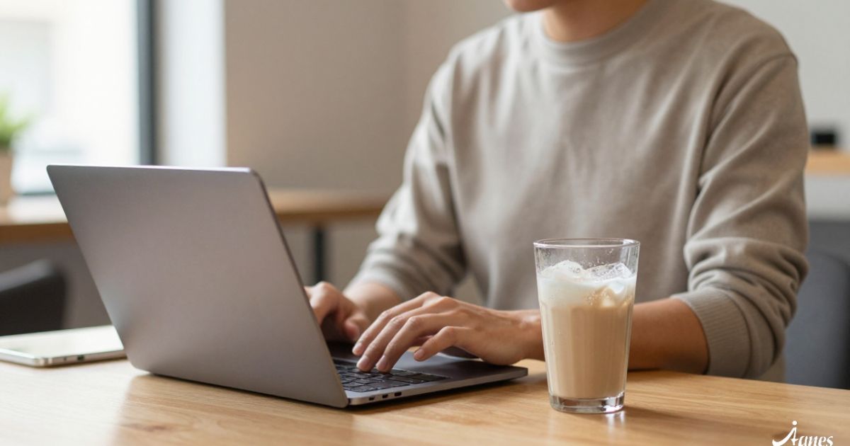 Seseorang yang sedang duduk bekerja di depan laptop dengan segelas minuman manis di sampingnya.