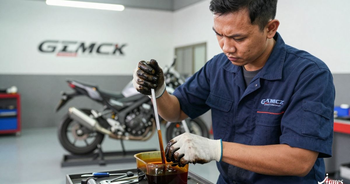 Seorang mekanik profesional sedang memeriksa kondisi oli mesin motor yang sudah menghitam di sebuah bengkel resmi.