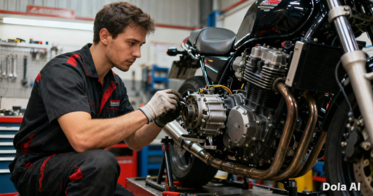 Seorang mekanik profesional sedang memeriksa kondisi komponen mesin sepeda motor di sebuah bengkel resmi dengan teliti.