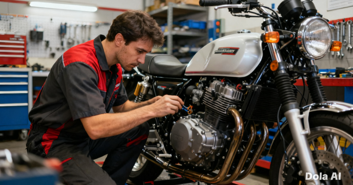 Seorang mekanik profesional sedang memeriksa kondisi mesin sepeda motor di bengkel resmi dengan teliti.