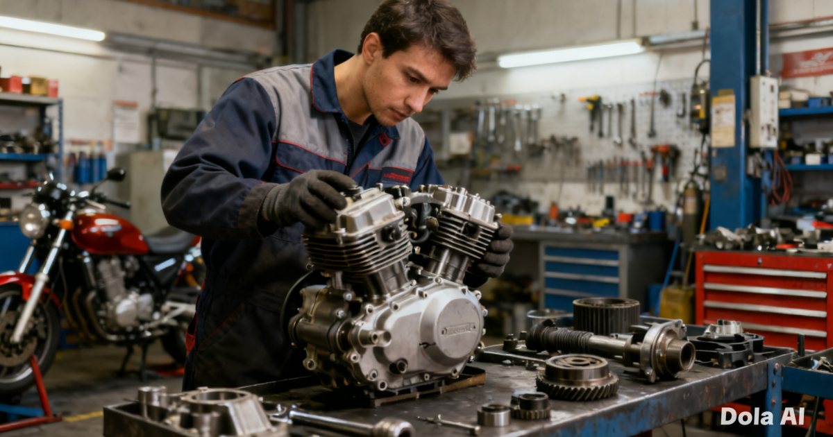 Seorang mekanik profesional sedang memeriksa sparepart mesin sepeda motor secara mendetail di sebuah bengkel resmi.
