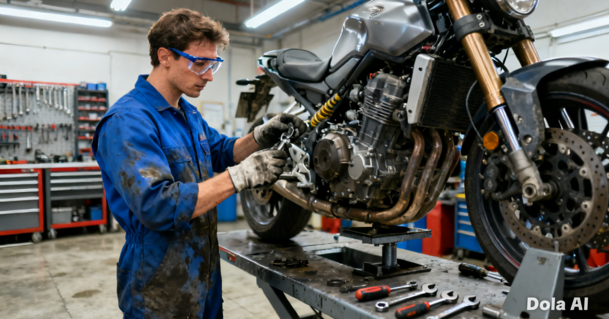 Seorang mekanik profesional sedang memeriksa kondisi komponen mesin sepeda motor di bengkel resmi.