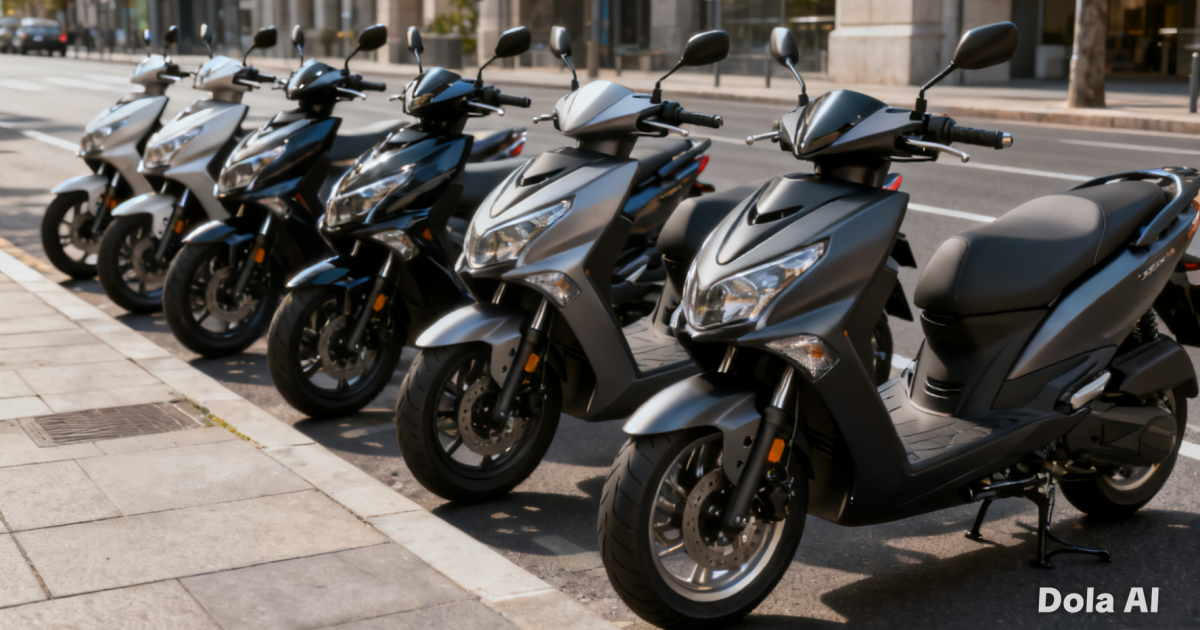 Deretan sepeda motor matik modern yang sedang terparkir rapi dengan latar belakang pemandangan jalan raya perkotaan yang bersih.