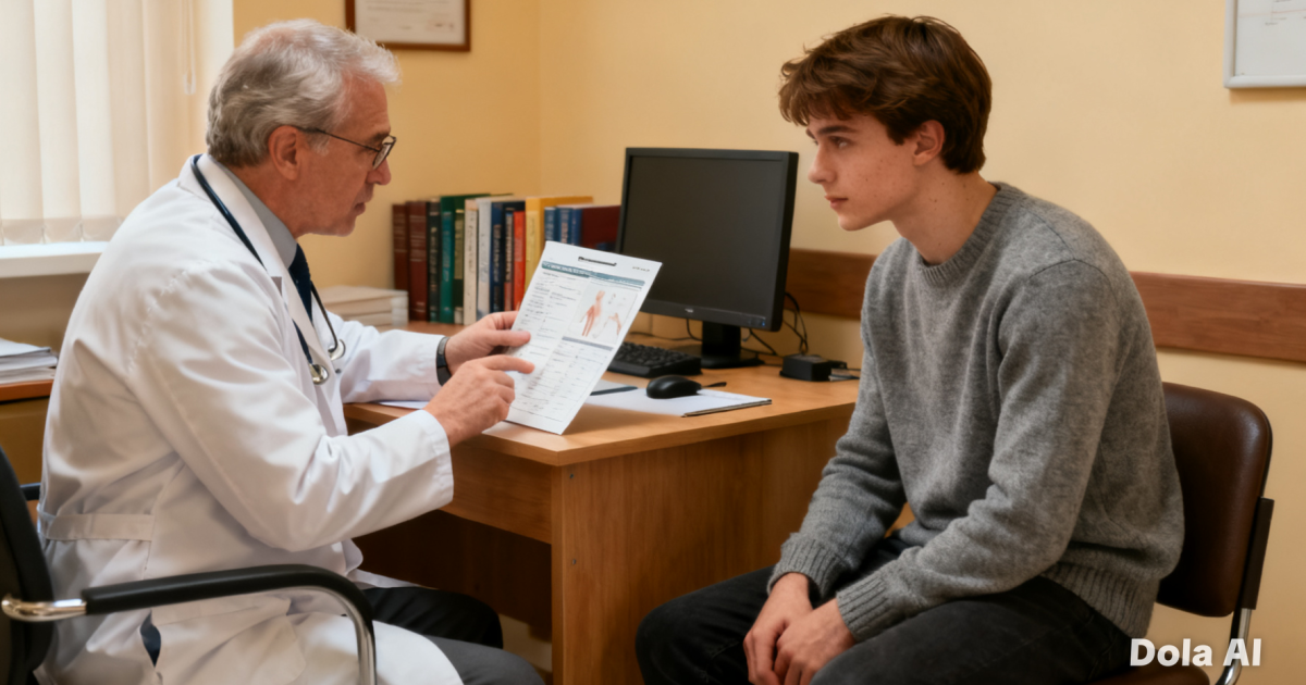 Seorang pria muda sedang berkonsultasi dengan dokter mengenai hasil pemeriksaan kesehatan rutin di sebuah klinik.