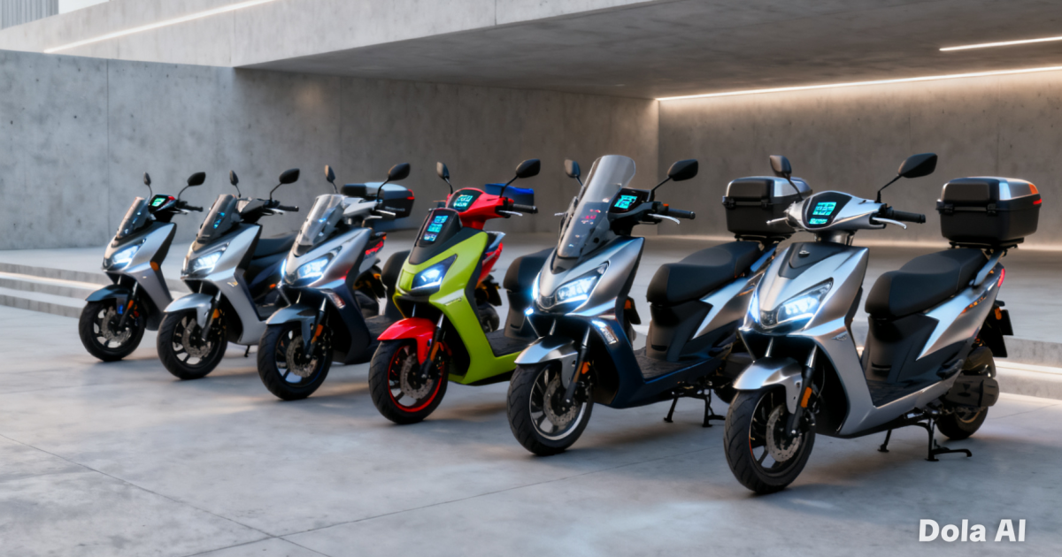 Deretan sepeda motor matic  yang sedang terparkir rapi menunjukkan efisiensi desain modern.