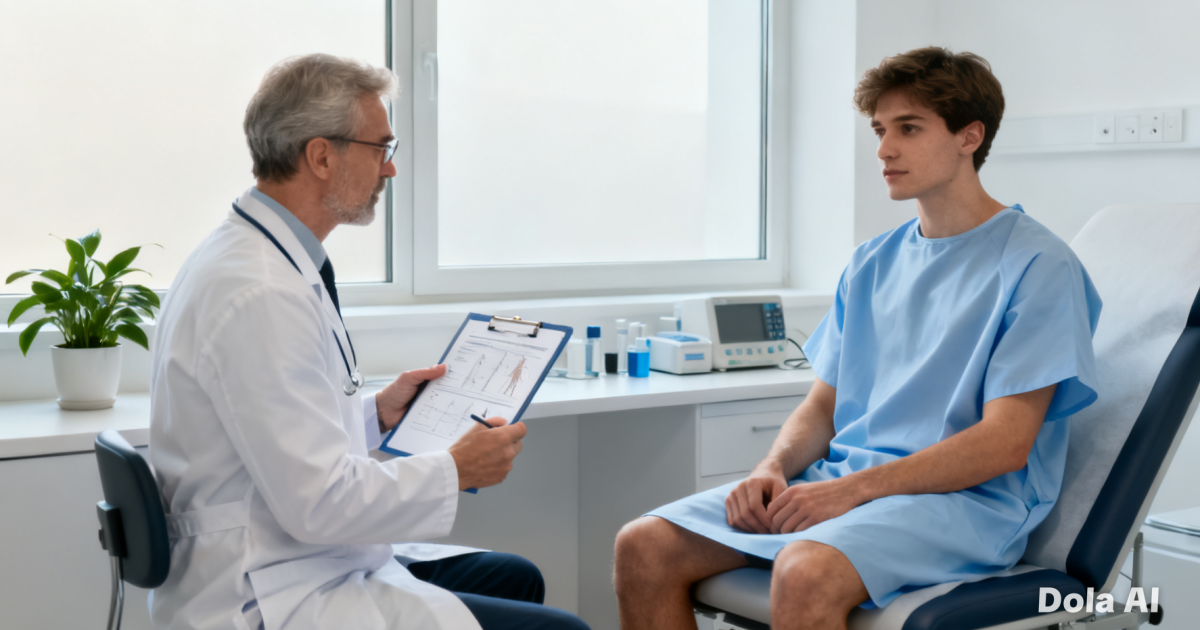 Seorang pria muda sedang diperiksa dokter mengenai hasil pemeriksaan kesehatan rutinnya di sebuah klinik modern.