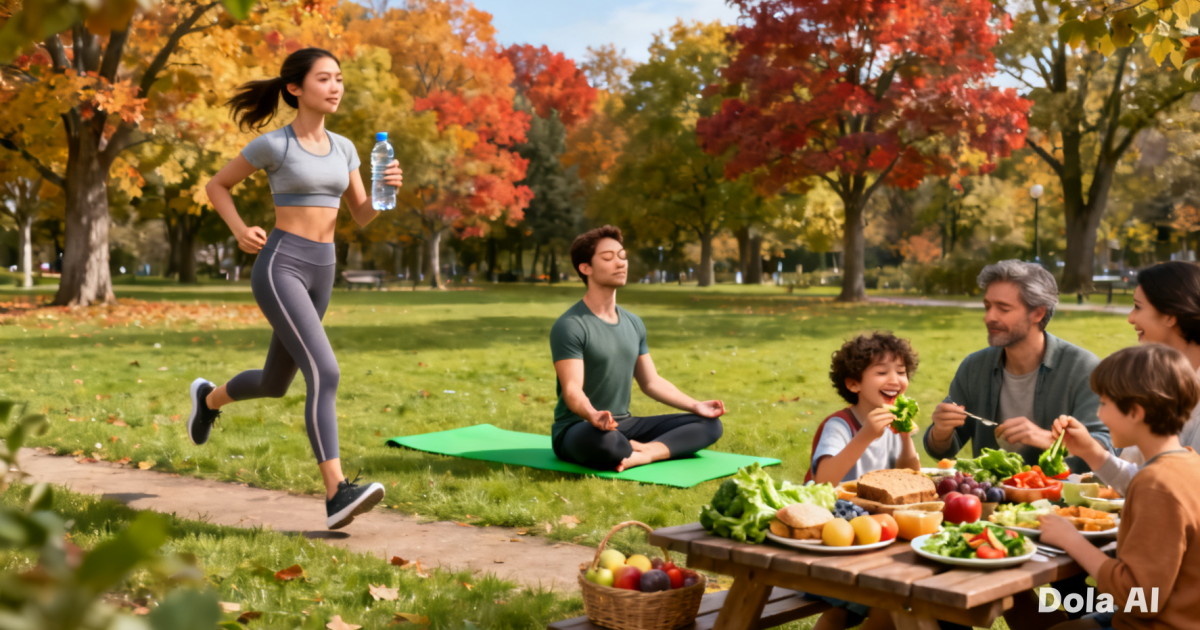 Ilustrasi warga menjalani gaya hidup sehat dengan berolahraga ringan dan mengonsumsi makanan bergizi untuk menjaga daya tahan tubuh saat perubahan musim.