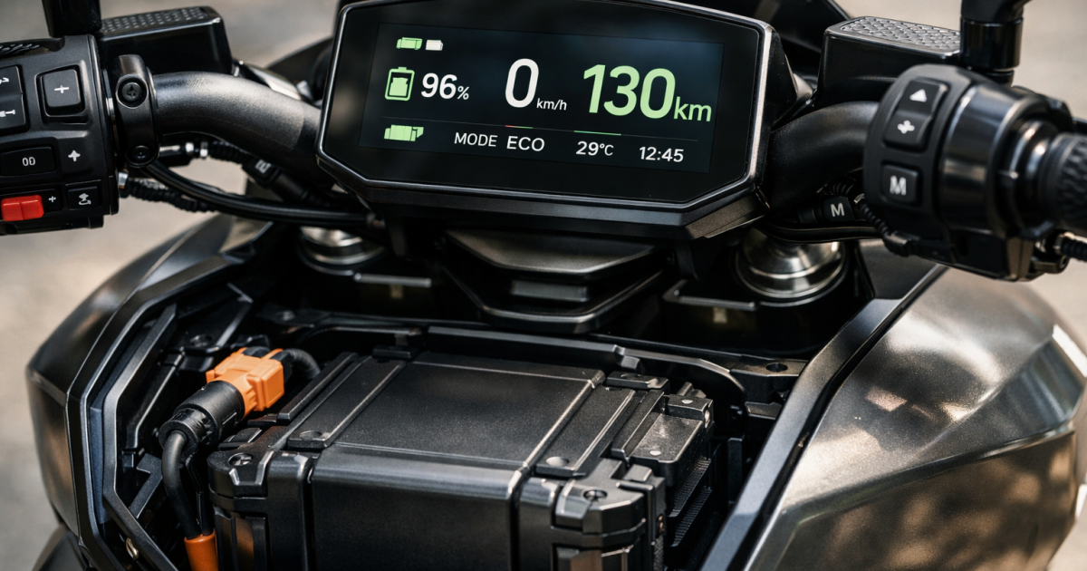 Panel dashboard digital dan baterai motor listrik generasi terbaru yang menampilkan indikator daya serta estimasi jarak tempuh hingga 130 km dalam sekali pengisian, menggambarkan perkembangan teknologi kendaraan listrik yang semakin efisien dan modern.