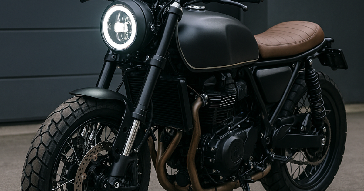 Sebuah motor kustom bergaya cafe racer dengan basis motor modern, menonjolkan perpaduan tangki klasik dan lampu LED.