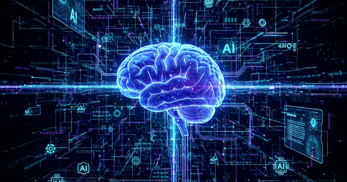 Ilustrasi visual yang menunjukkan otak manusia terhubung dengan jaringan digital yang dipenuhi ikon Kecerdasan Buatan dan data.