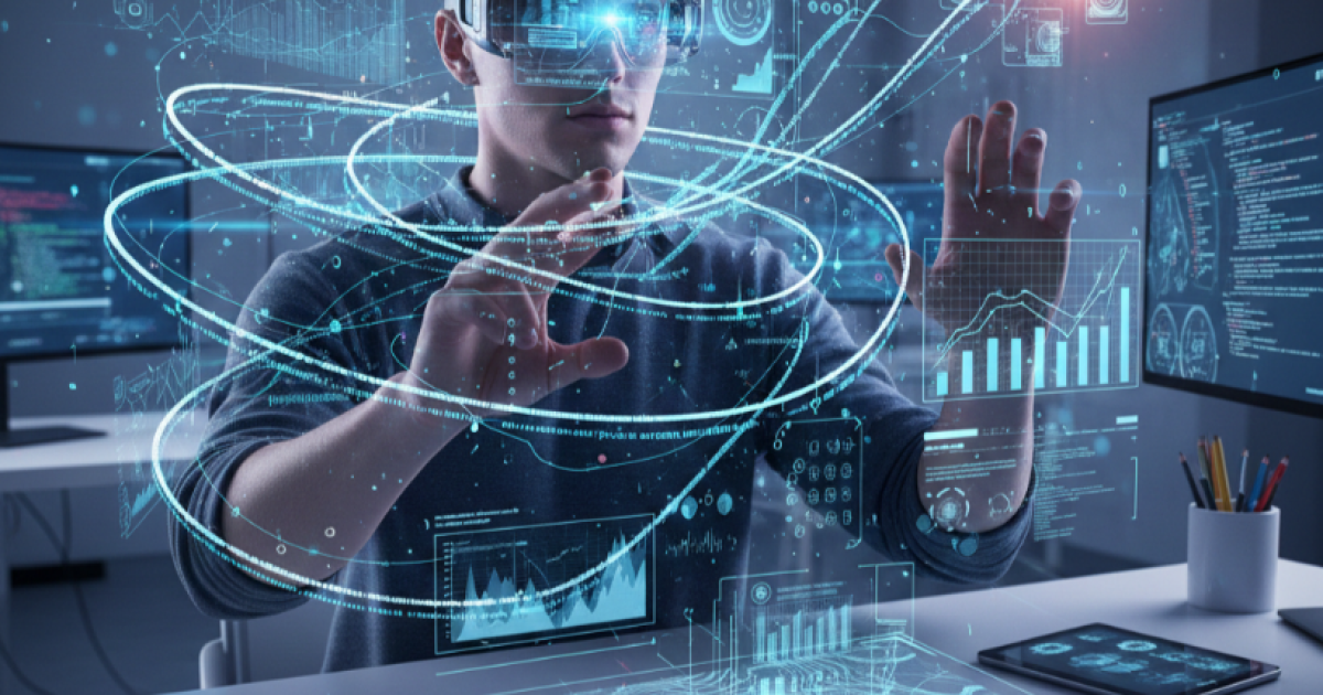 Ilustrasi visual yang menunjukkan konvergensi antara Kecerdasan Buatan (AI) dan Realitas Ekstensi (XR) dengan elemen data digital yang mengalir di sekitar pengguna kacamata pintar.