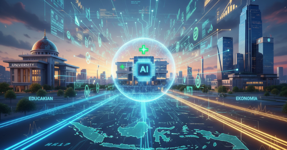 Ilustrasi visual yang menunjukkan koneksi data AI yang menghubungkan sektor pendidikan, kesehatan, dan ekonomi di Indonesia.
