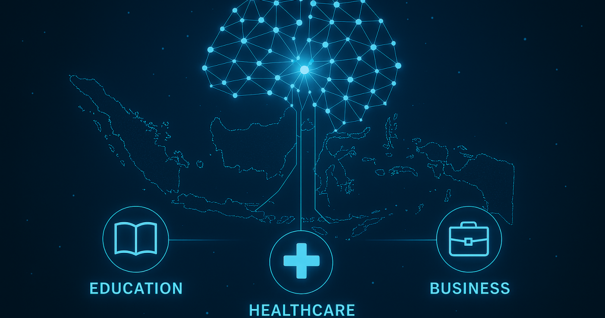 Ilustrasi visual yang menunjukkan jaringan saraf digital (neural network) menyentuh berbagai ikon sektor seperti pendidikan, kesehatan, dan bisnis di peta Indonesia.