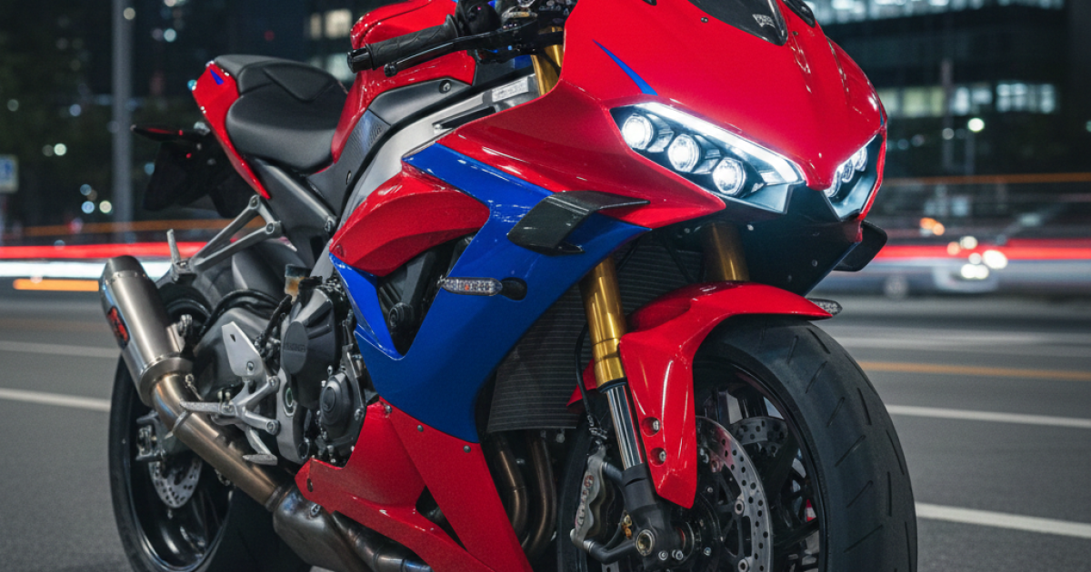 Foto close-up motor sport berwarna cerah dengan fairing agresif yang menonjolkan desain lampu LED modern.