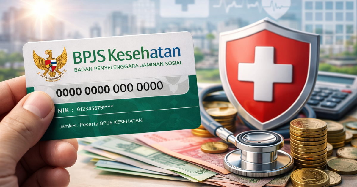 Ilustrasi kartu BPJS Kesehatan dan simbol kesehatan yang mewakili perlindungan finansial dan akses layanan kesehatan masyarakat.