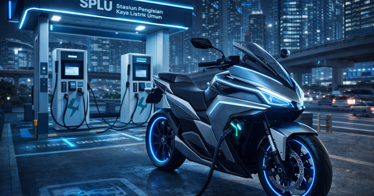 Ilustrasi pengisian daya motor listrik di Stasiun Pengisian Daya Listrik Umum (SPLU) yang menunjukkan kemudahan akses infrastruktur.