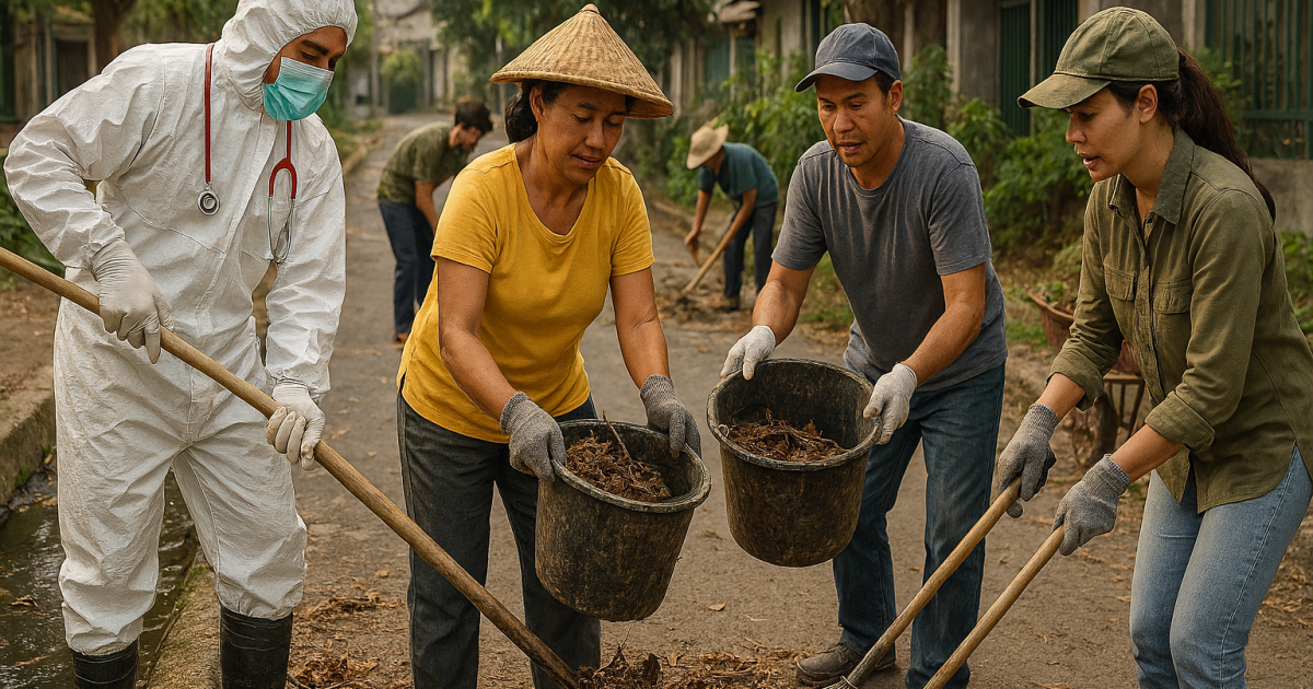 Ilustrasi petugas kesehatan dan masyarakat bergotong royong membersihkan lingkungan untuk mencegah penyebaran nyamuk Aedes aegypti.