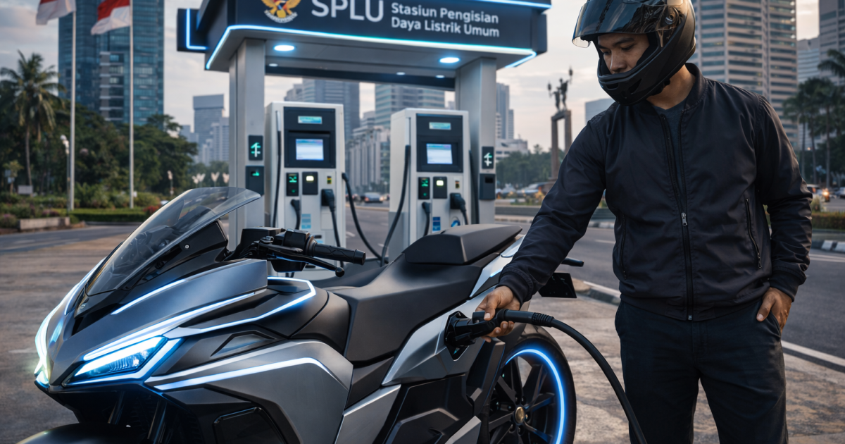 Ilustrasi motor listrik sedang mengisi daya di stasiun pengisian daya umum di perkotaan Indonesia.