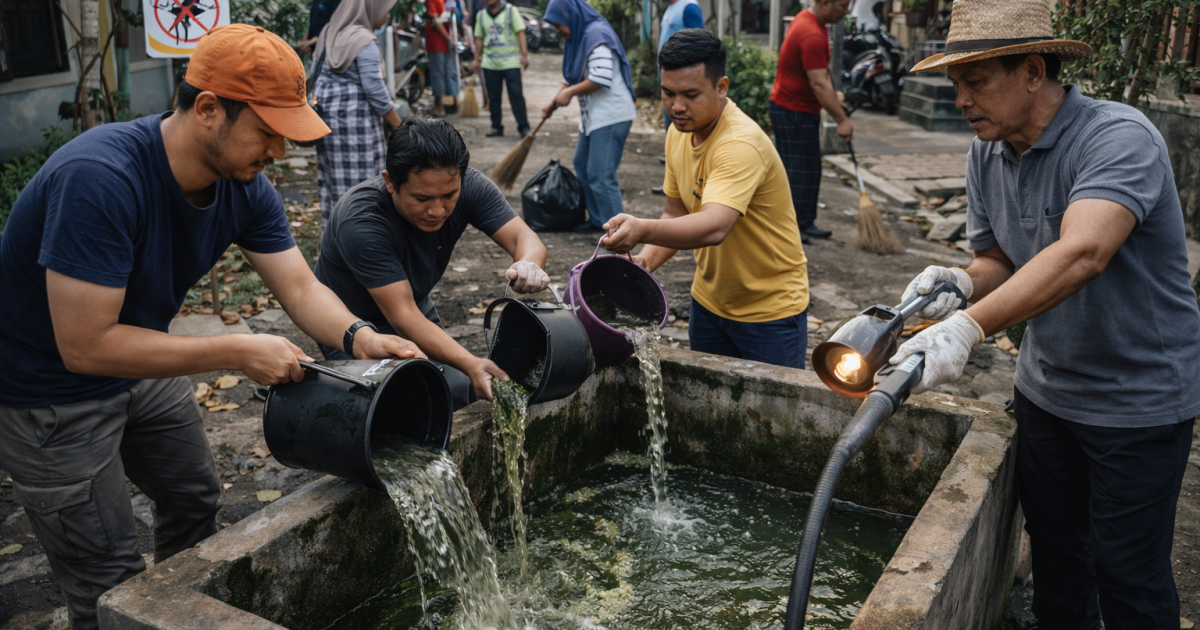 Ilustrasi masyarakat bergotong royong membersihkan lingkungan dan menguras bak air untuk mencegah DBD dan penyakit musiman lainnya.