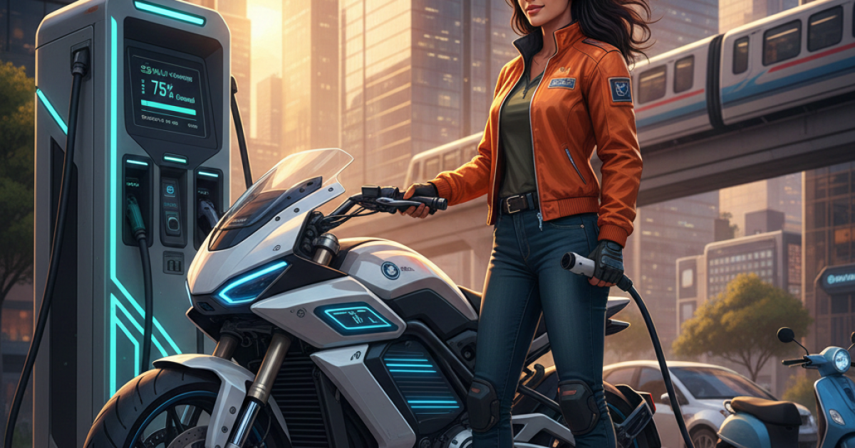 Ilustrasi motor listrik sedang diisi dayanya di Stasiun Pengisian Kendaraan Listrik Umum (SPKLU) di kawasan perkotaan.