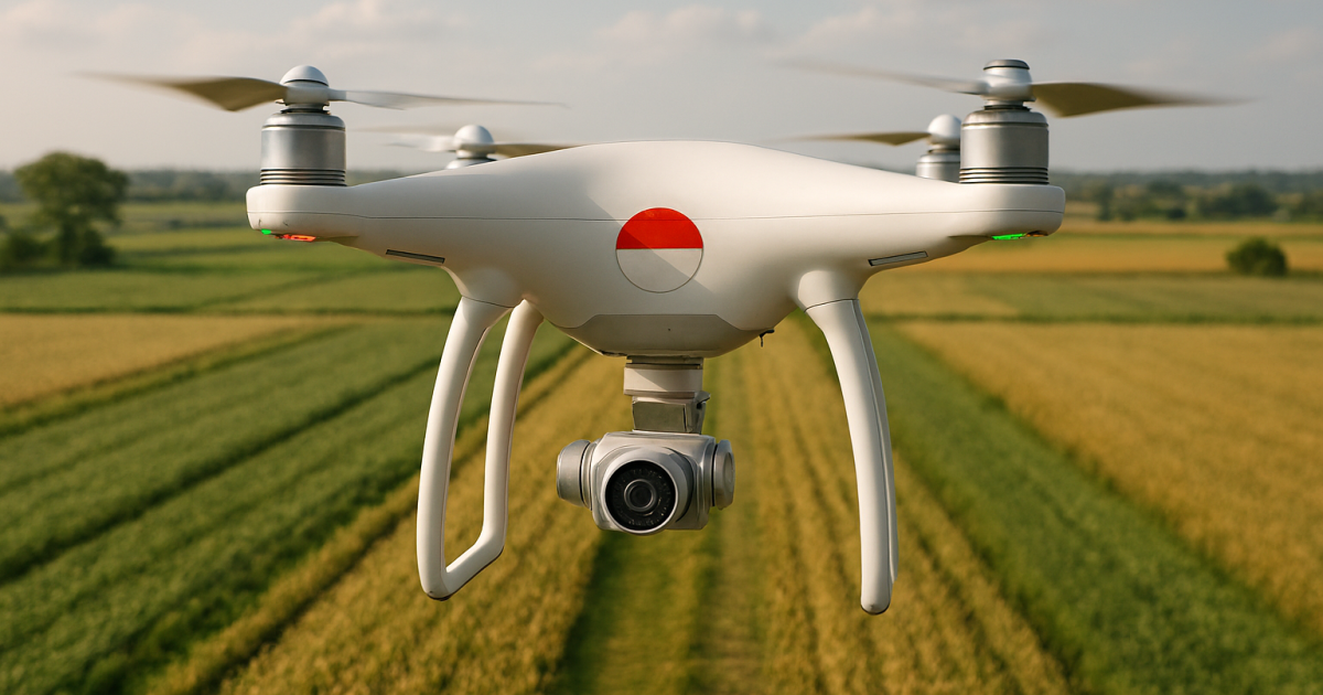 Ilustrasi drone buatan Indonesia dengan logo Merah Putih sedang terbang di atas lahan pertanian yang luas.