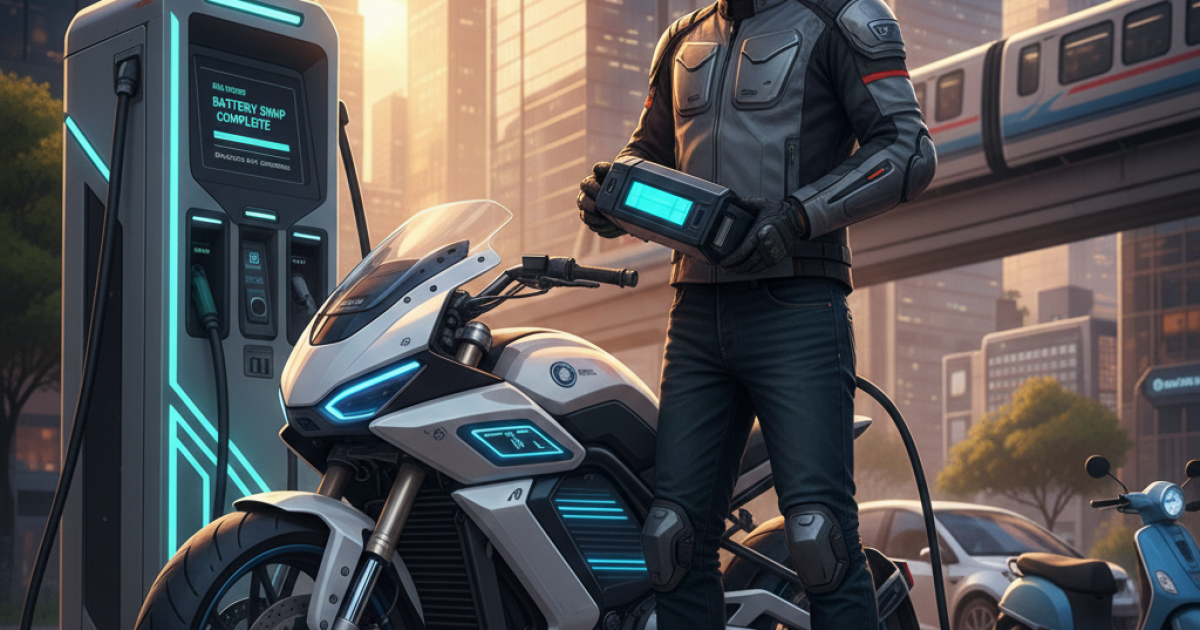 Motor listrik sedang diisi daya di stasiun penukaran baterai di area perkotaan yang menunjukkan kemudahan akses pengisian daya.