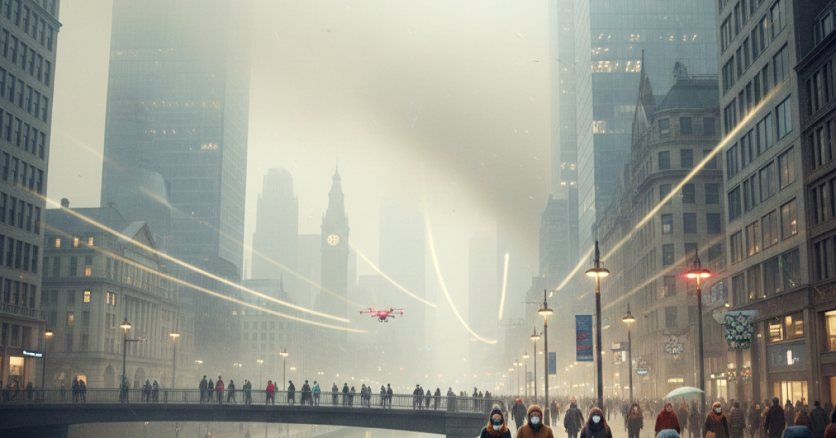 Warga kota menggunakan masker pelindung berjalan di tengah kabut polusi yang menyelimuti gedung-gedung tinggi.