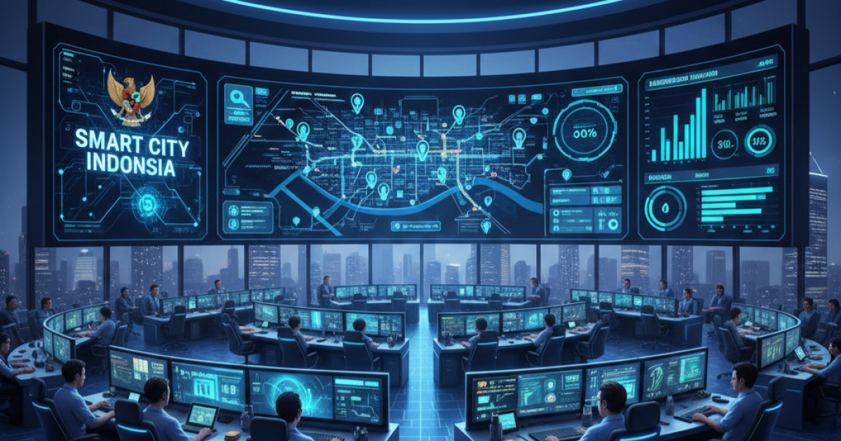 Ilustrasi pusat kendali Command Center modern yang menampilkan peta kota dan data real-time, melambangkan integrasi teknologi kota cerdas di Indonesia.