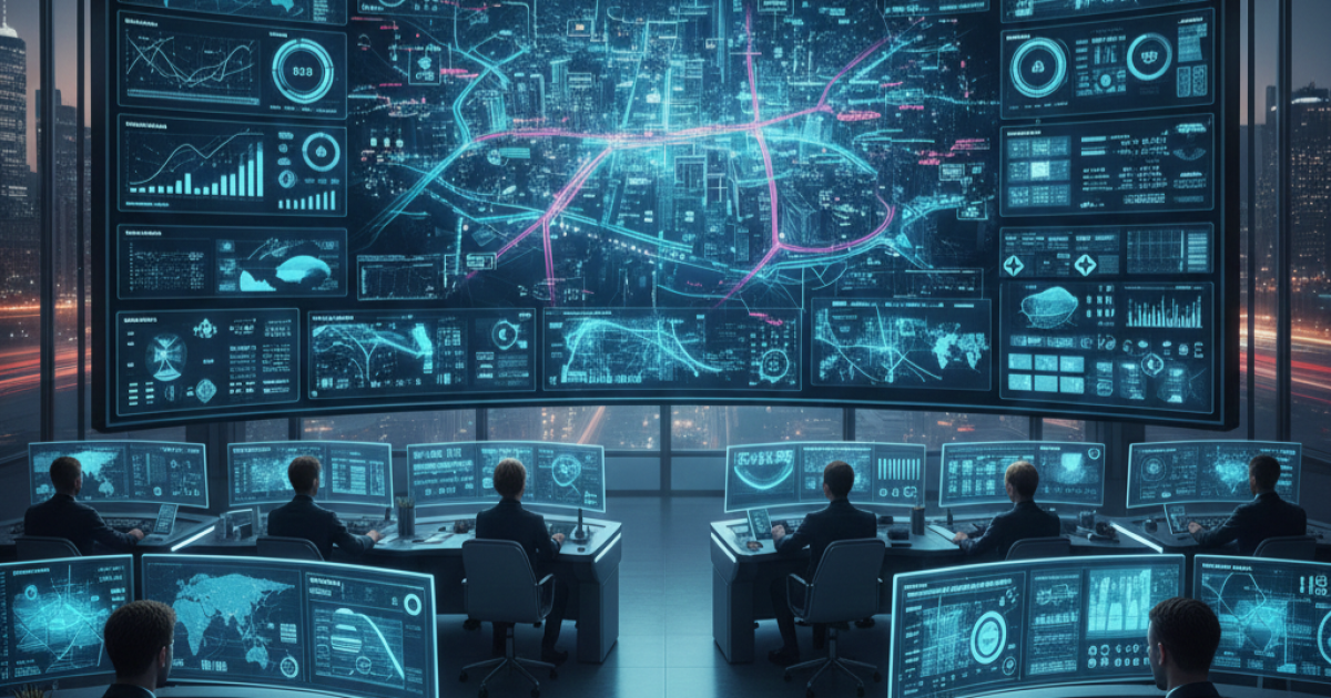 Ilustrasi visual pusat komando kota cerdas dengan layar monitor besar yang menampilkan data lalu lintas dan peta real-time.
