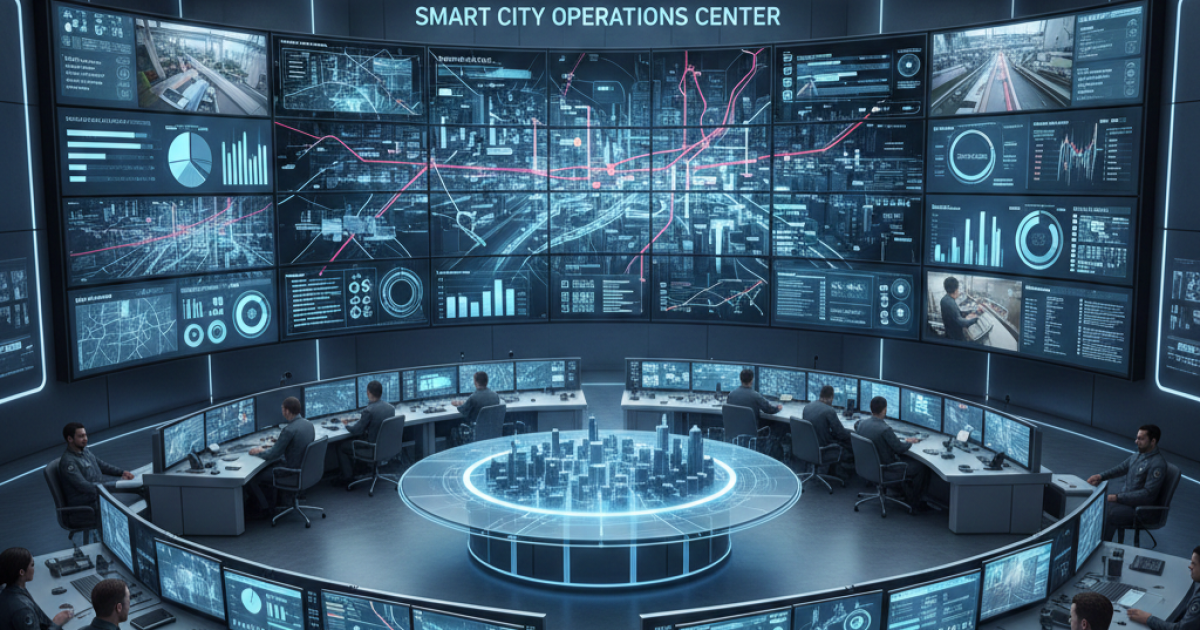 Ilustrasi visual yang menunjukkan pusat kendali kota cerdas (command center) dengan monitor besar menampilkan data lalu lintas dan layanan publik.
