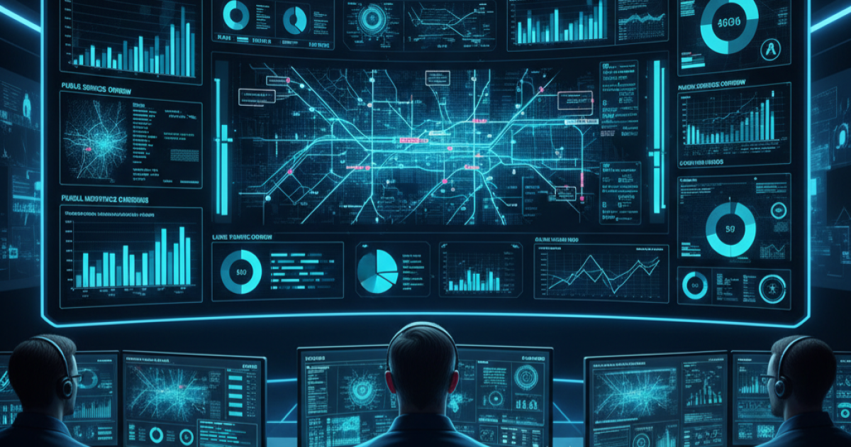 Ilustrasi visual yang menunjukkan pusat kendali kota (command center) dengan layar monitor besar yang menampilkan data lalu lintas dan layanan publik terintegrasi.