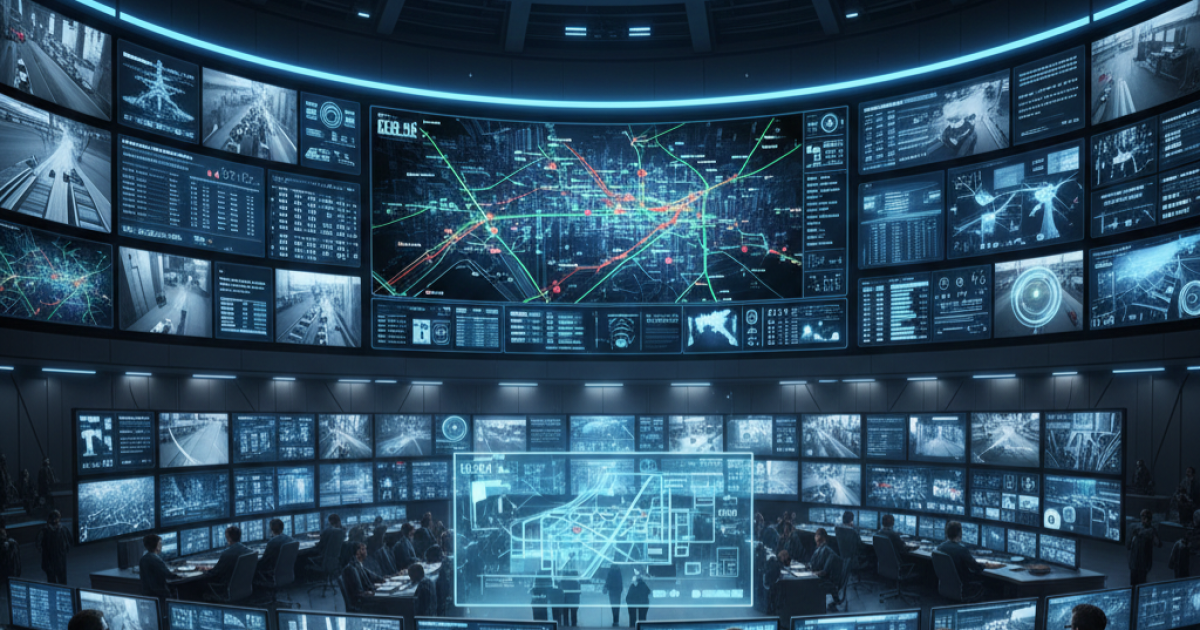 Visualisasi pusat komando (command center) kota yang menampilkan banyak layar monitor memantau lalu lintas dan data kota secara real-time.